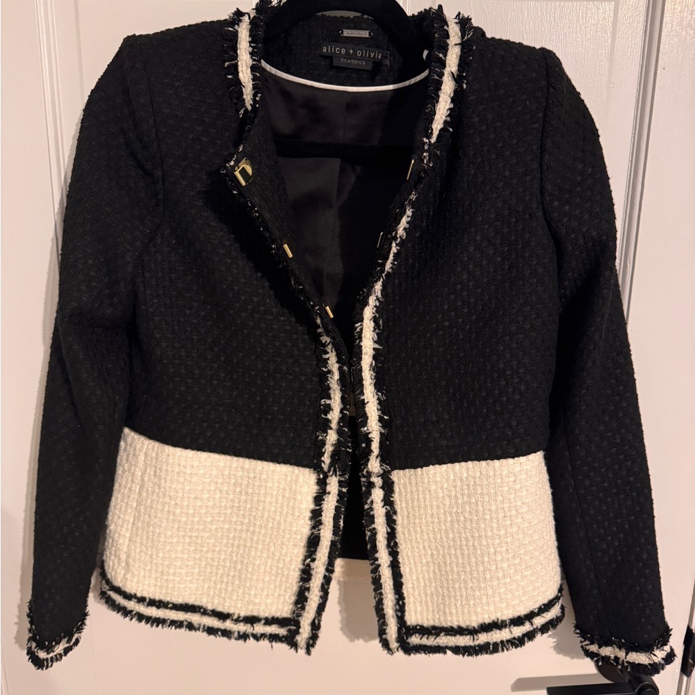 Alice + Olivia Black and White Blazer with Fringe Trim